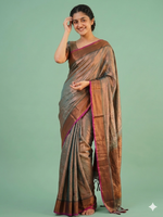 Elegant Metallic Grey Silk Saree with Maroon Border