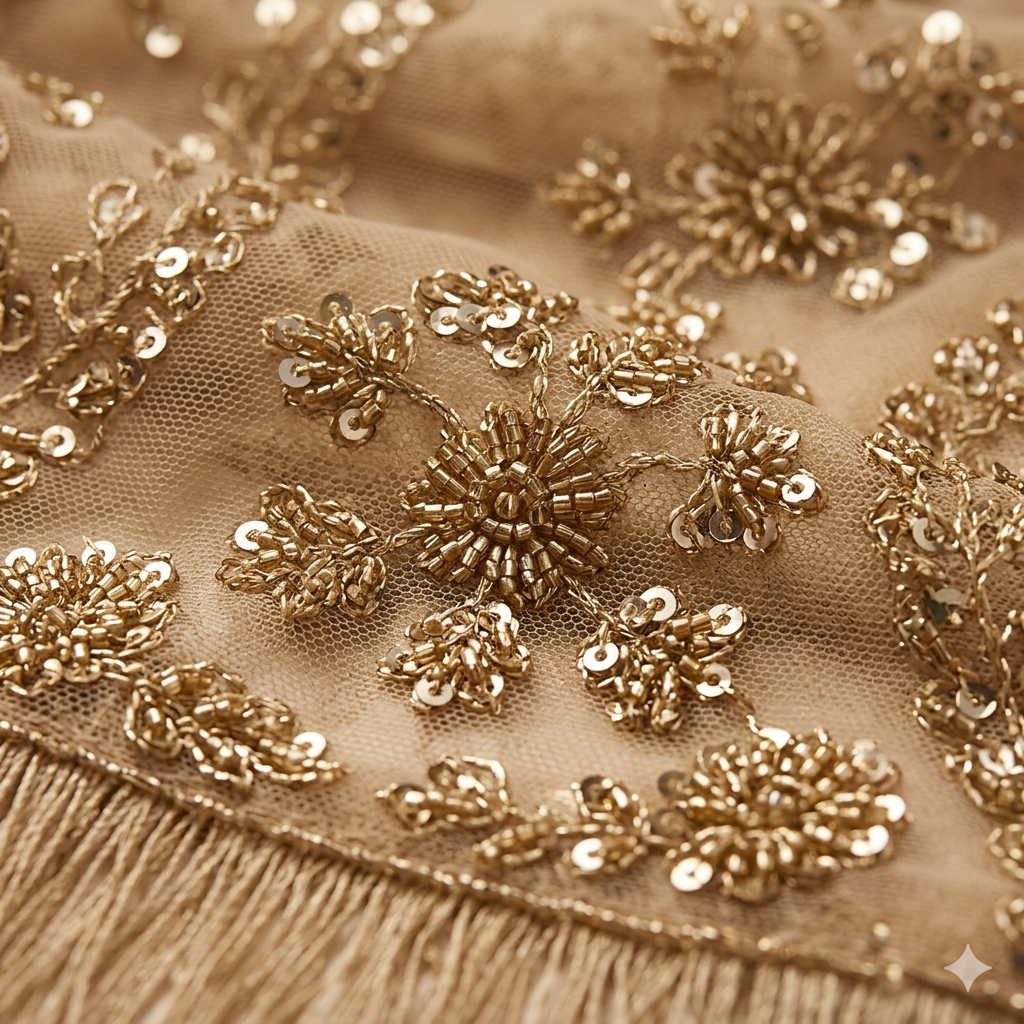 A luxurious ochre gold net saree adorned with dense floral embroidery