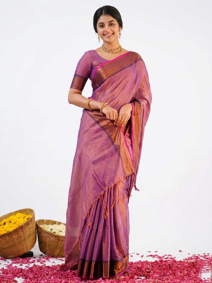 Elegant Purple Silk Saree with Copper Zari Border