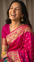Vibrant Pink Banarasi Silk Saree with Gold Zari Peacock Border
