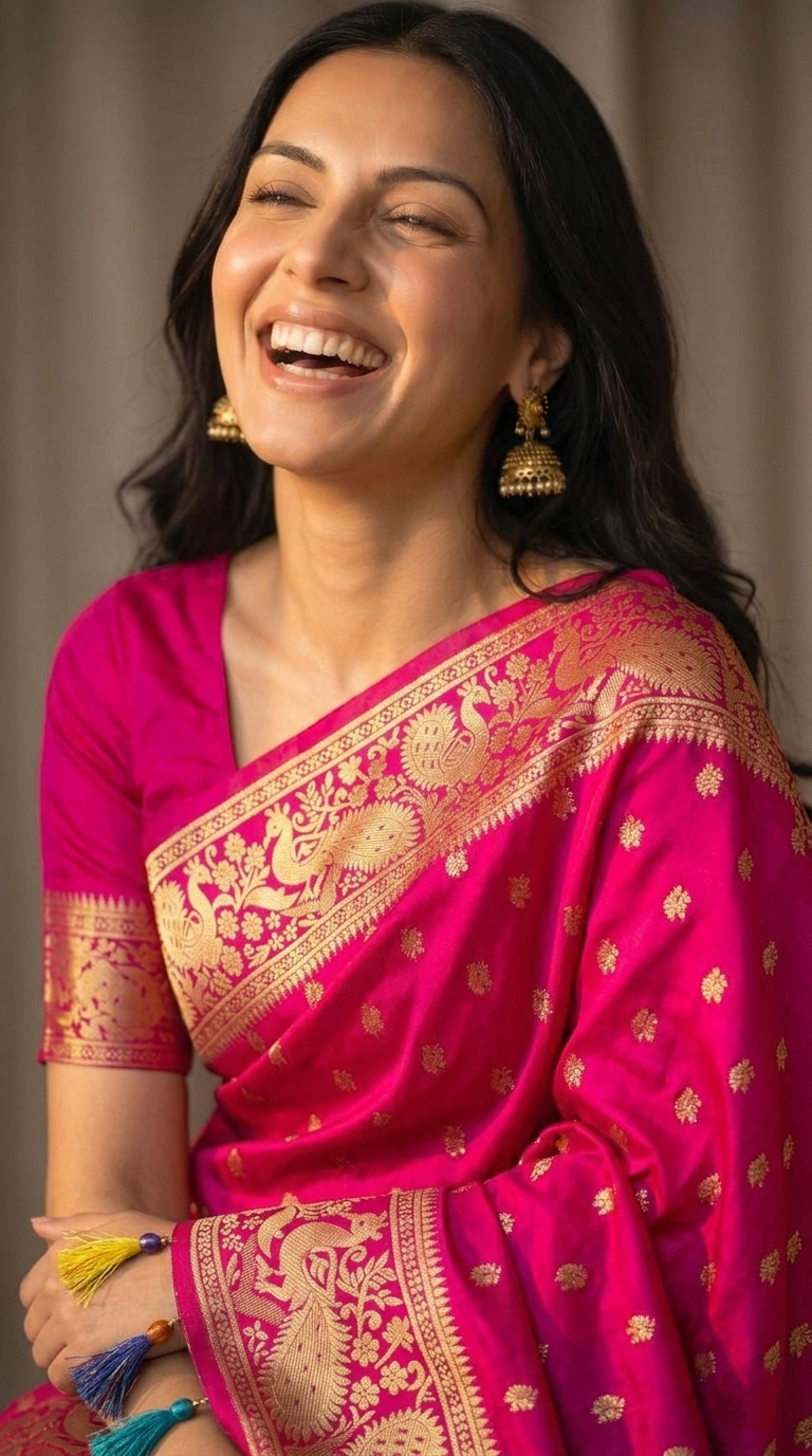 Vibrant Pink Banarasi Silk Saree with Gold Zari Peacock Border