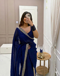 Elegant Navy Blue Embellished Saree with Silver Border Detailing