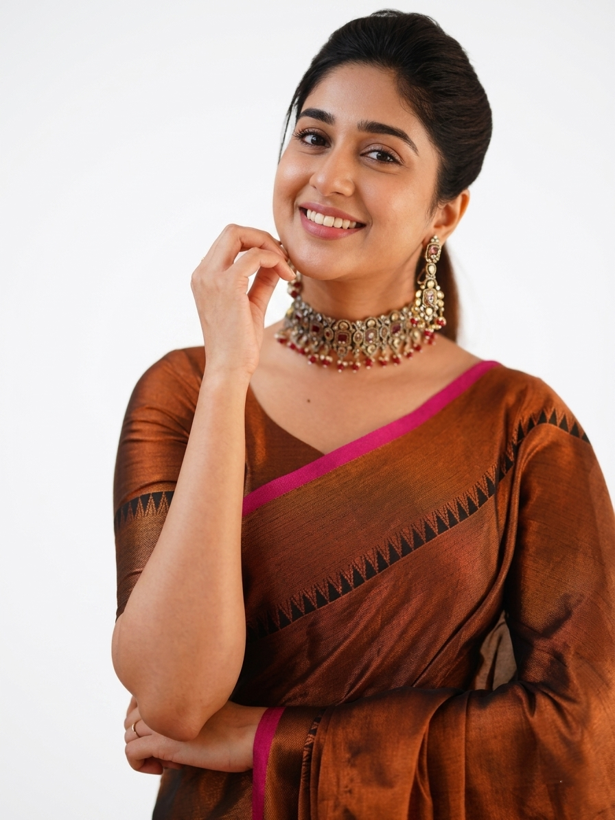 Elegant Copper Brown Silk Saree with Pink Contrast Border