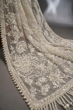 Pearl-White Net Saree with Intricate Tonal Embroidery and Scalloped Pearl Border