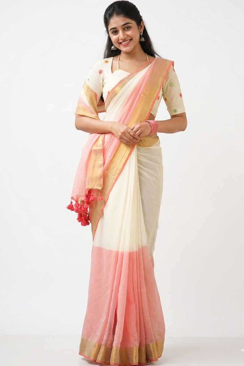 Graceful Cream & Peach Handloom Cotton Saree