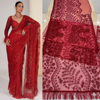 Crimson Muse: Embroidered Net Saree with Feather Accents