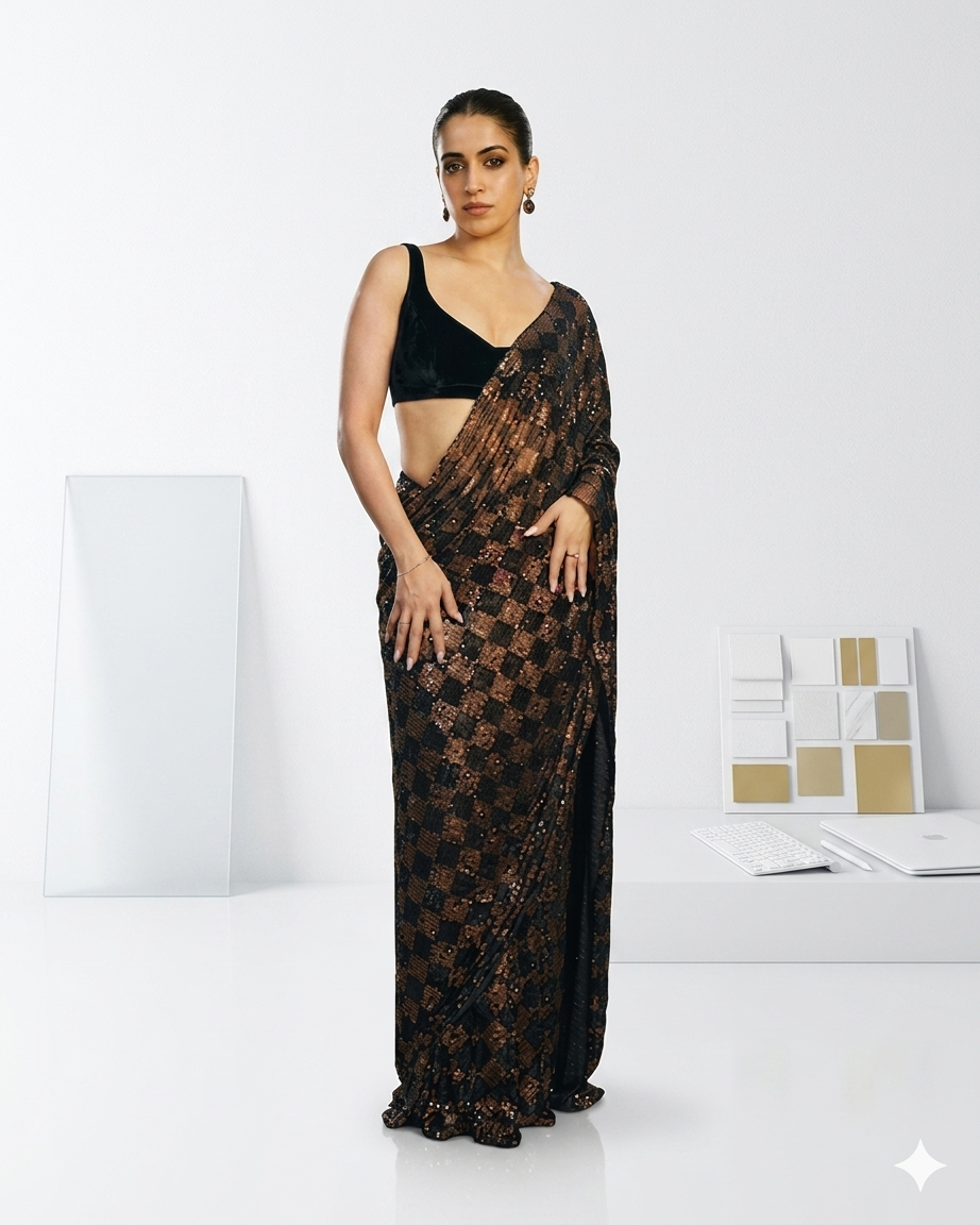 Black Georgette Saree with Linear Sequin Embroidery and Checkerboard Accents