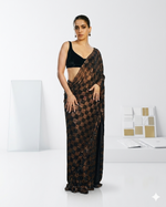 Black Georgette Saree with Linear Sequin Embroidery and Checkerboard Accents