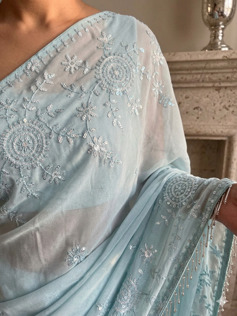 Vibrant Mustard & Georgette Saree with Hand-Crafted Mirror-Work Border and Floral Sequin Buttis