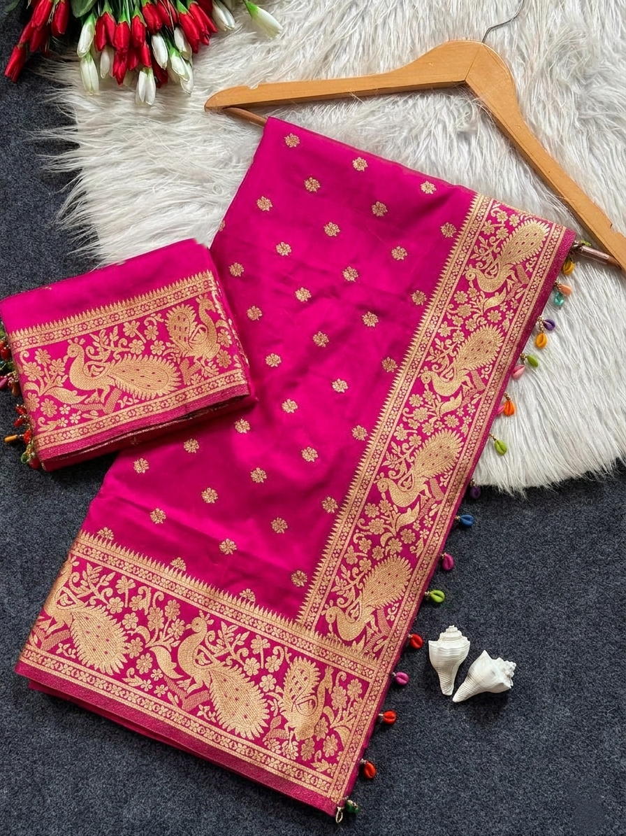 Vibrant Pink Banarasi Silk Saree with Gold Zari Peacock Border