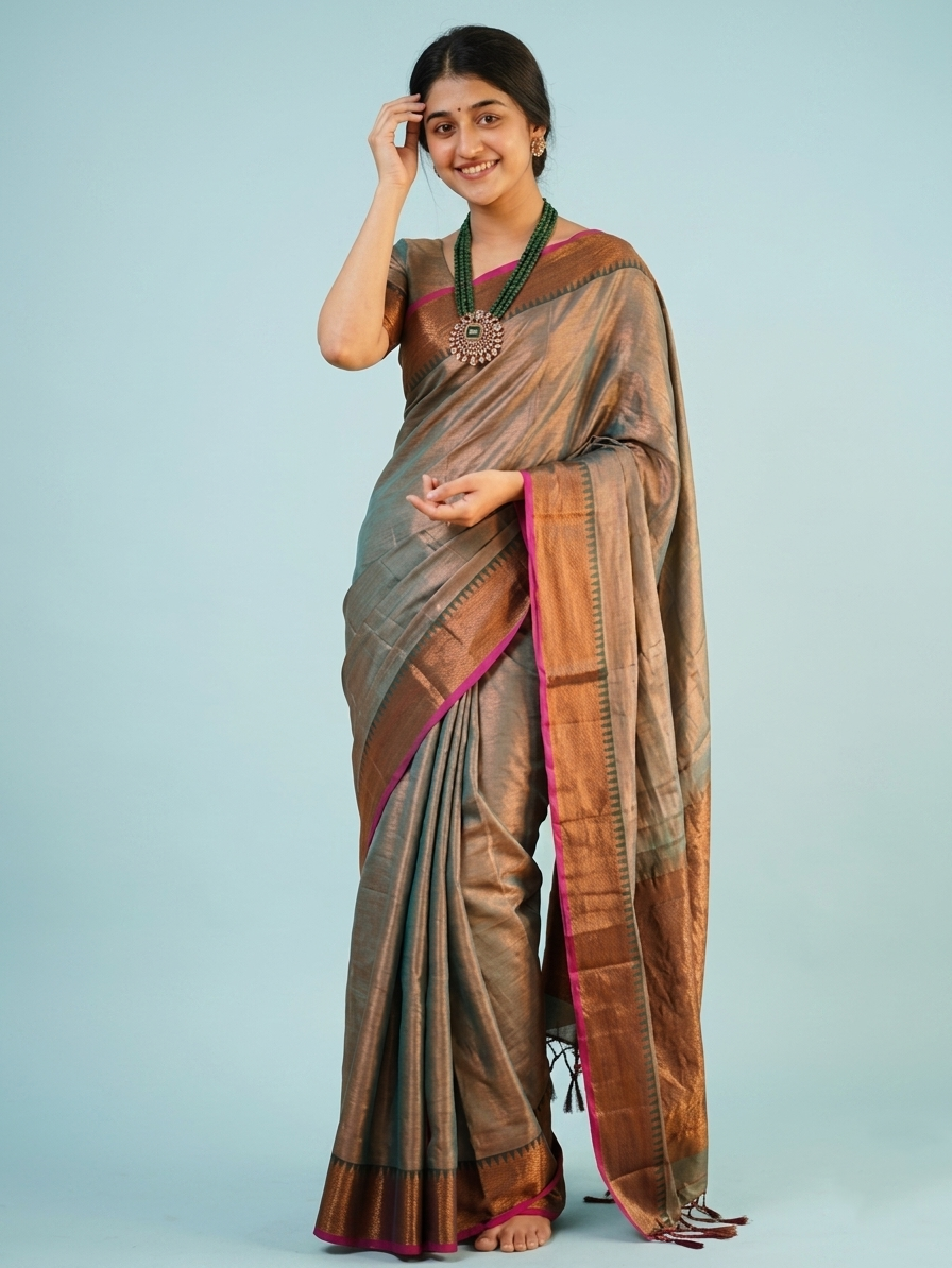 Elegant Metallic Grey Silk Saree with Maroon Border