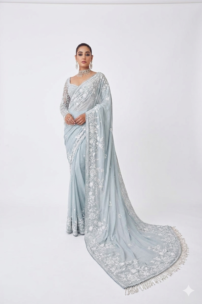 Vibrant Mustard & Georgette Saree with Hand-Crafted Mirror-Work Border and Floral Sequin Buttis