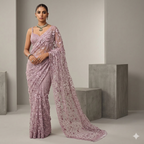 Silver Mist Tonal Embroidered Saree with Couture Feather Accents