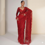 Crimson Muse: Embroidered Net Saree with Feather Accents
