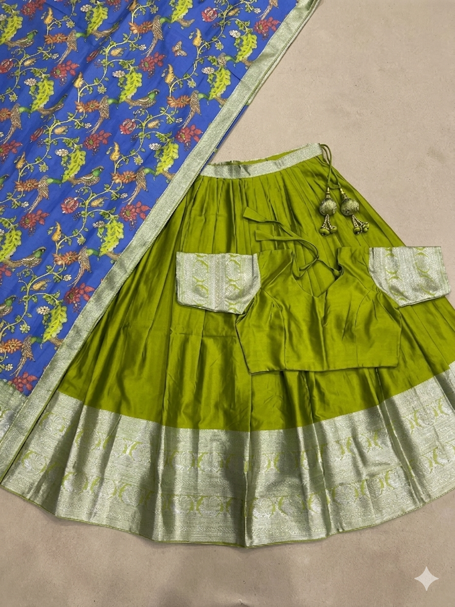 Lime Green & Azure Blue Ethnic Half-Saree Set