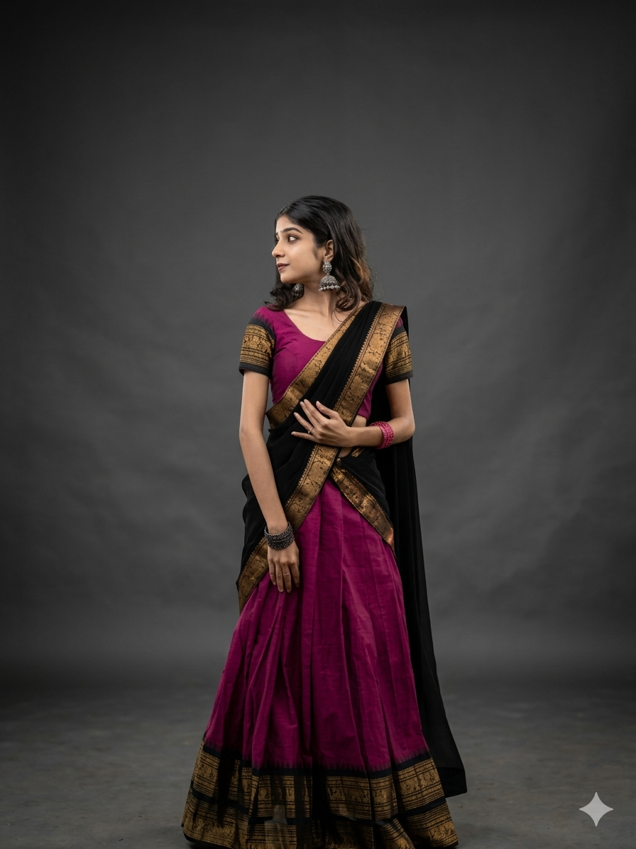 Traditional Magenta and Black Silk Langa Voni | Half Saree with Gold Zari Elephant Border