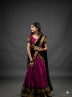 Traditional Magenta and Black Silk Langa Voni | Half Saree with Gold Zari Elephant Border