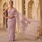 Silver Mist Tonal Embroidered Saree with Couture Feather Accents
