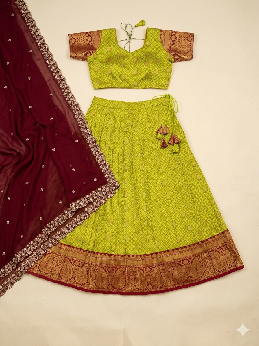 Chartreuse & Maroon Hand-Embroidered Lehenga Set