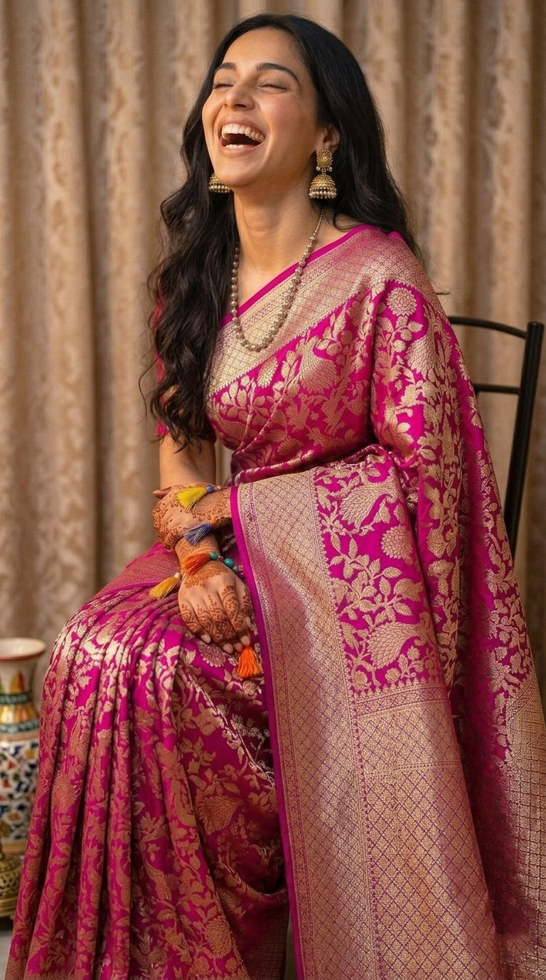: Elegant Pink Banarasi Saree Look