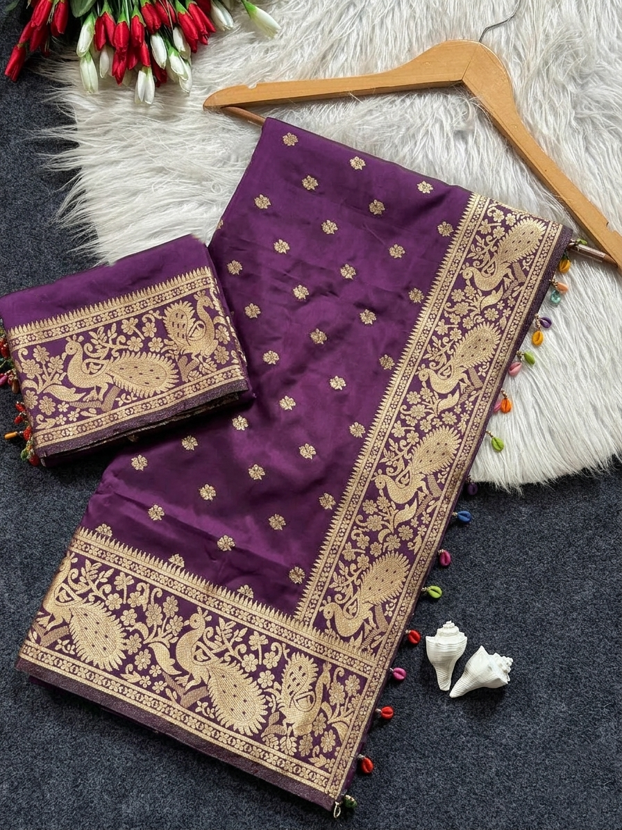 Royal Purple Banarasi Silk Saree with Gold Zari Peacock Border
