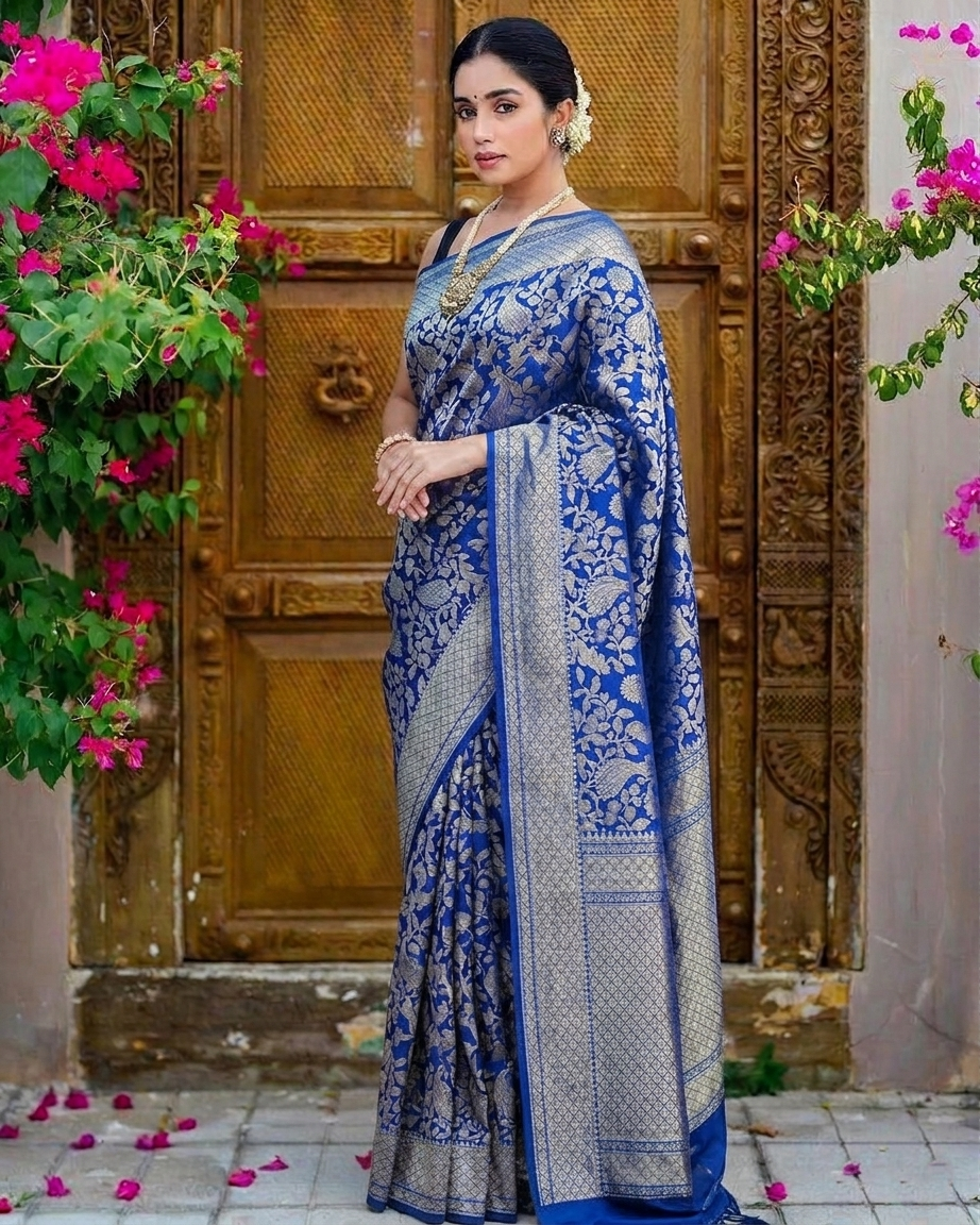Elegant Royal Blue Traditional Saree Look