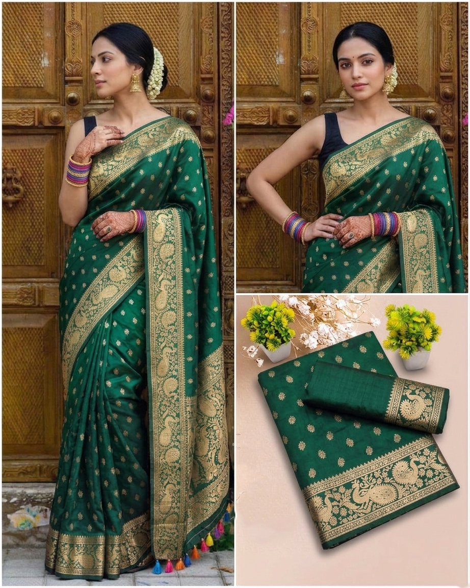 Emerald Green Banarasi Silk Saree with Traditional Gold Zari Border