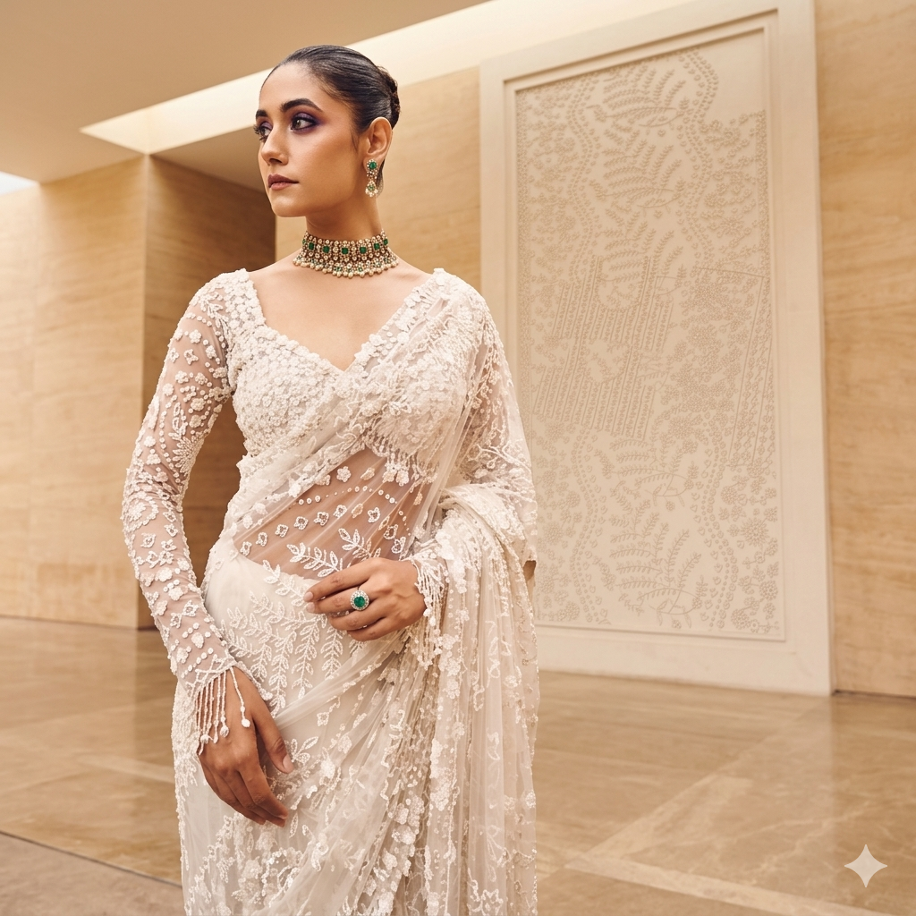 A timeless maroon masterpiece with intricate gold mirror-work and a coordinating full-sleeved blouse.