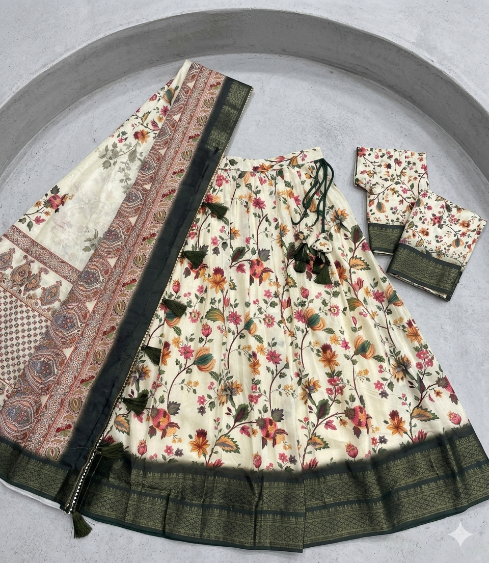 Cream Floral Kalamkari Pattu Half Saree Set with Rich Wine-Purple Borders and Tassels