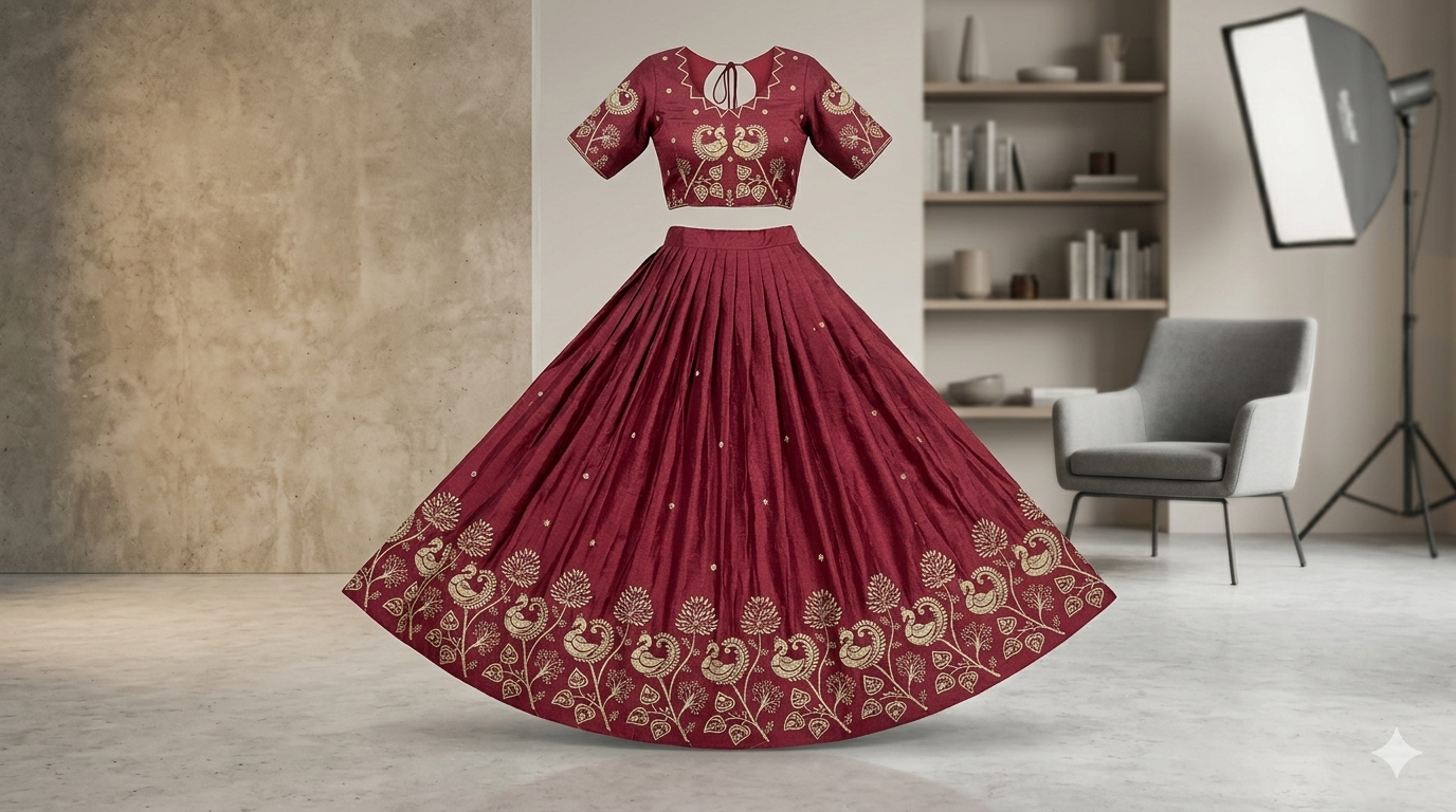 Metaphysical Maroon: Gilded Peacock Lehenga and Choli with Zardozi Work