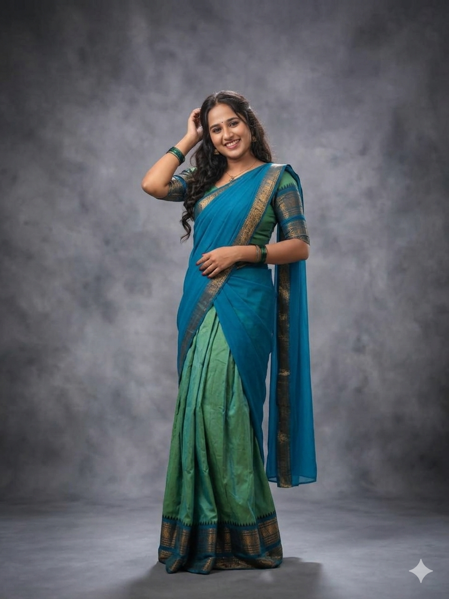Sage Green and Cyan Blue Silk Pattu Pavadai Set with Traditional Gold Zari Border