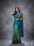 Sage Green and Cyan Blue Silk Pattu Pavadai Set with Traditional Gold Zari Border