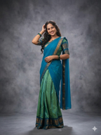 Sage Green and Cyan Blue Silk Pattu Pavadai Set with Traditional Gold Zari Border