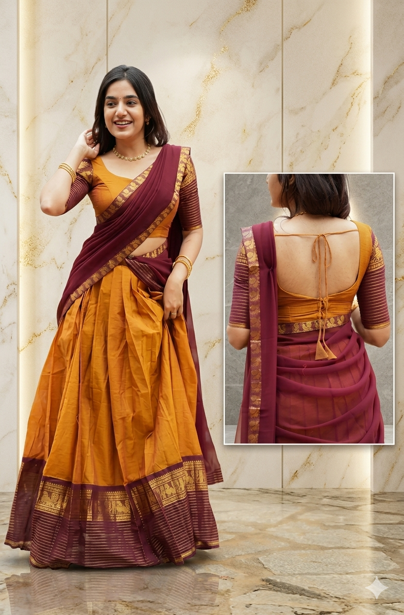 Mustard Yellow & Wine Kanjivaram Silk Lehenga with Peacock Zari Border
