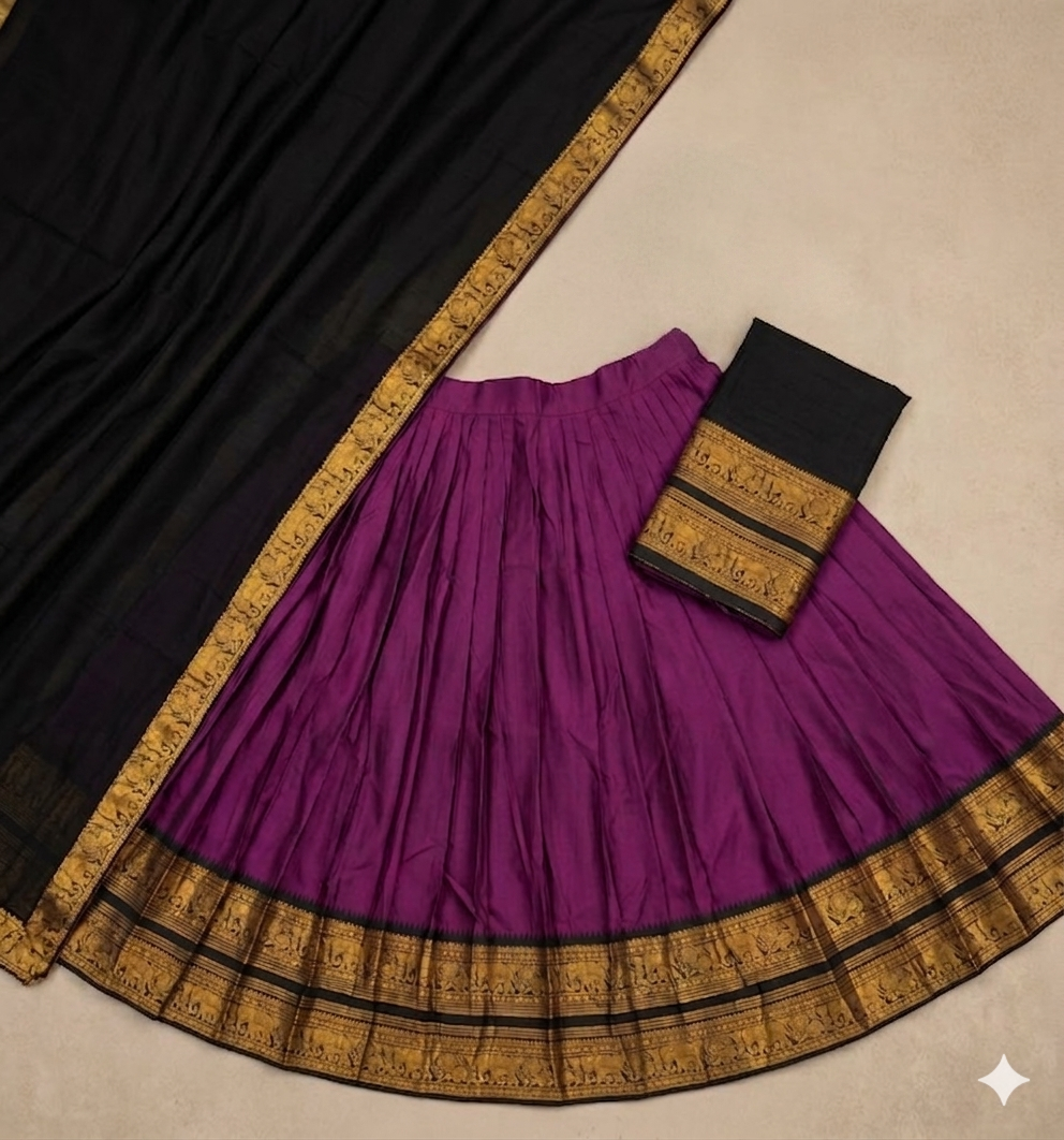 Traditional Magenta and Black Silk Langa Voni | Half Saree with Gold Zari Elephant Border