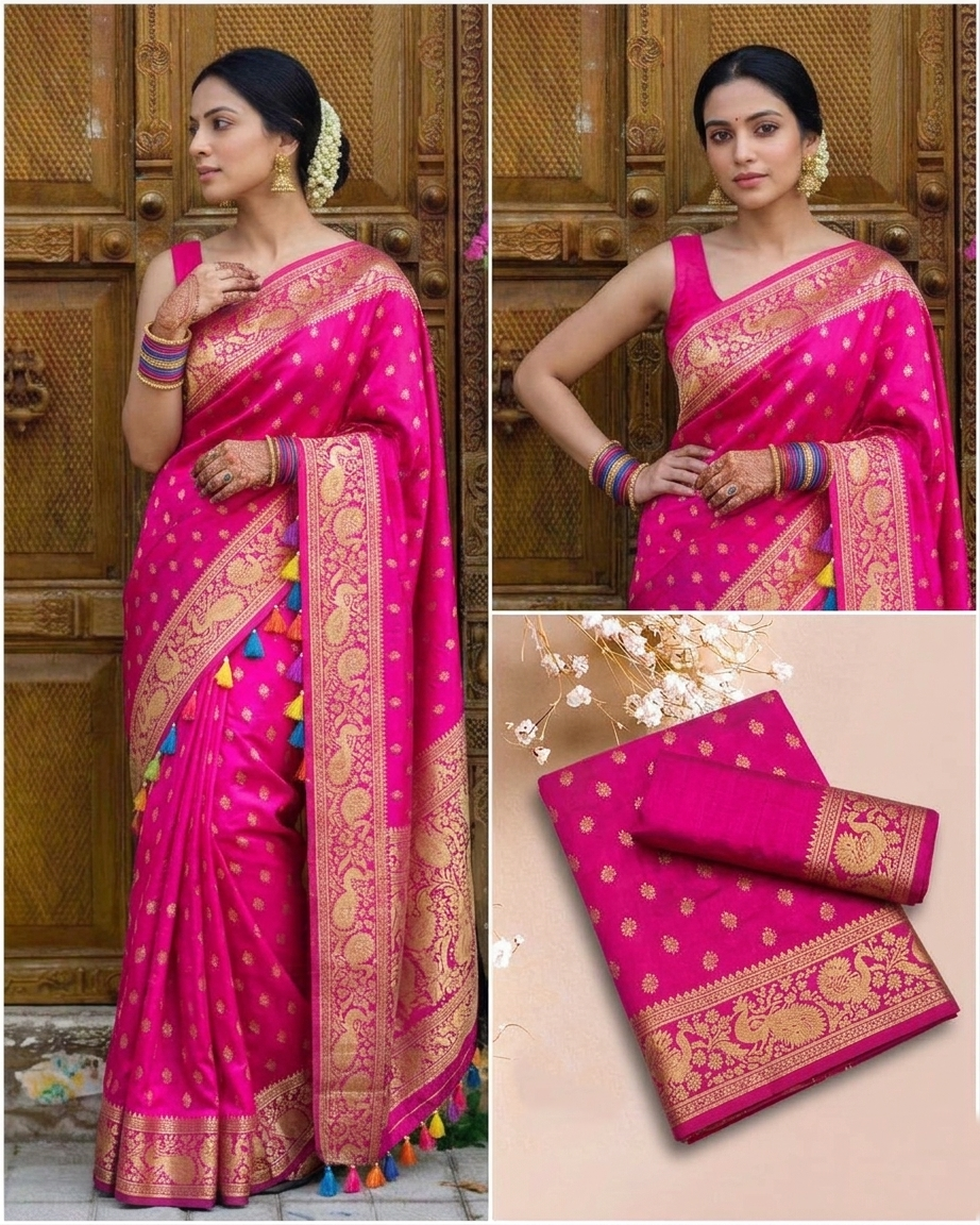 Vibrant Pink Banarasi Silk Saree with Gold Zari Peacock Border