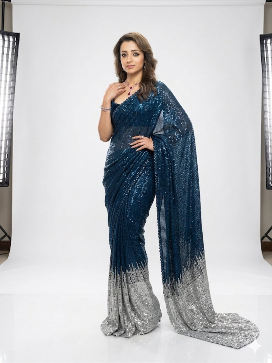 Navy Blue Ombre Sequin Saree with Silver Gradient and Designer Blouse