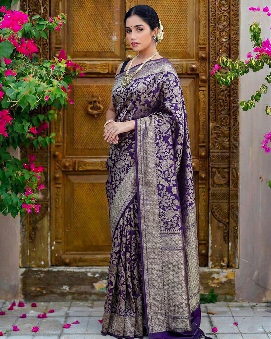 Elegant Purple Banarasi Saree Ensemble
