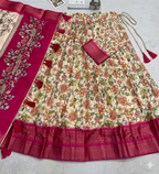 Cream & Magenta Patola Silk Half Saree Set with Traditional Zari Border and Hand-Painted Style Pallu