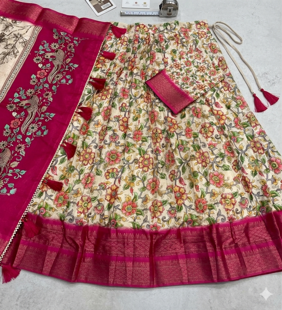 Cream & Magenta Patola Silk Half Saree Set with Traditional Zari Border and Hand-Painted Style Pallu
