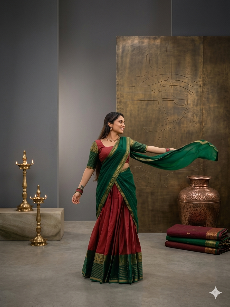 Vibrant Red Silk Lehenga with Contrast Green Ethnic Border