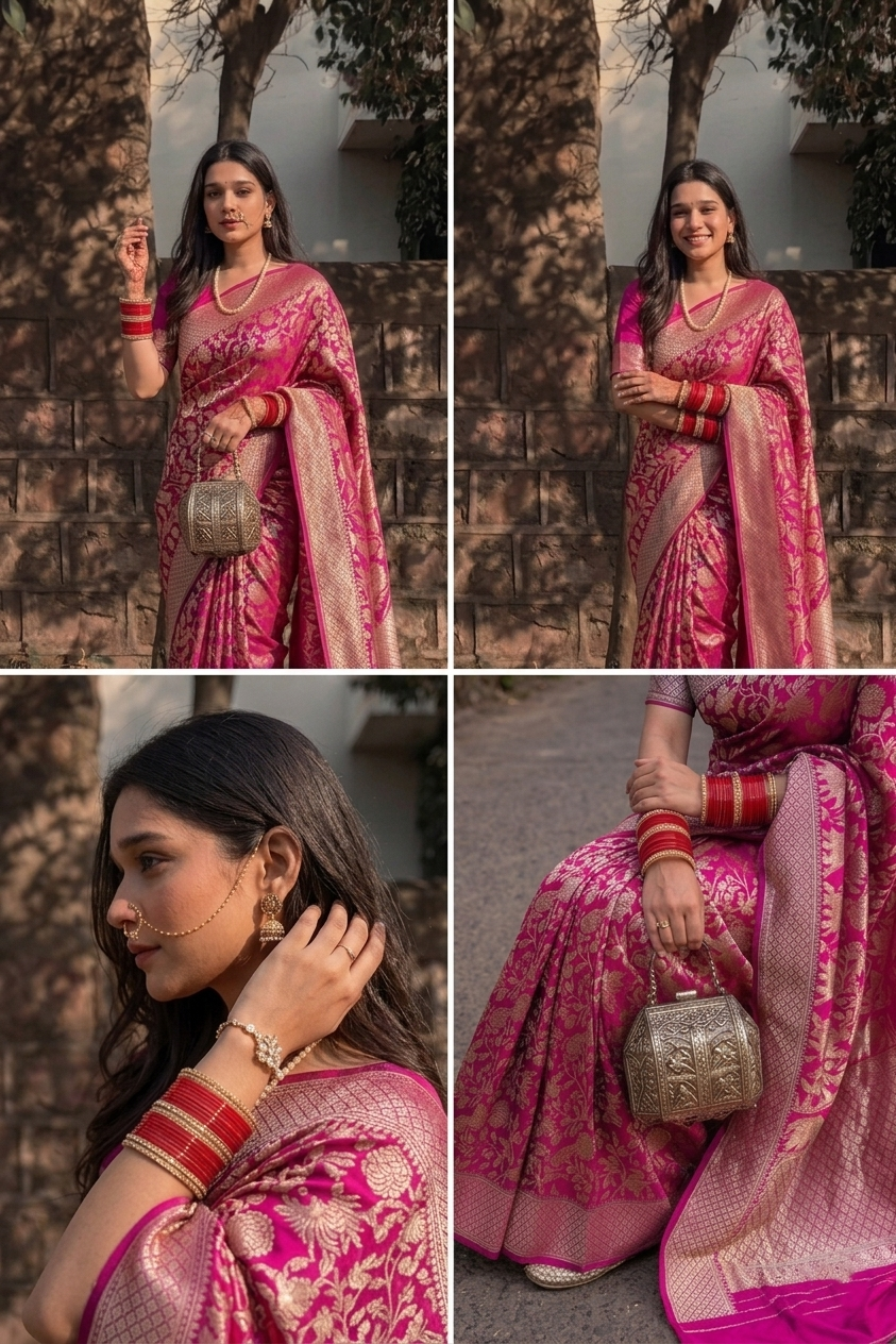 : Elegant Pink Banarasi Saree Look