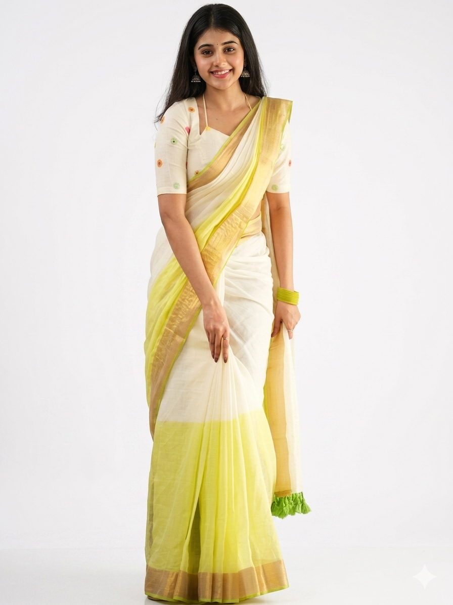 Elegant Cream & Lime Green Handloom Cotton Saree
