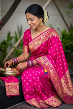 Vibrant Pink Banarasi Silk Saree with Gold Zari Peacock Border