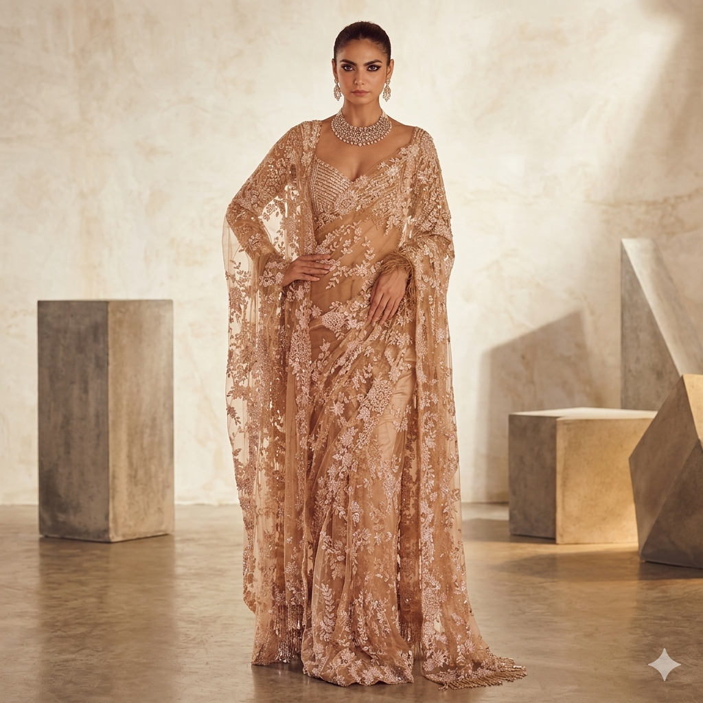 Ethereal Mint Green Embroidered Saree with Scalloped Lace Border