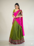 Ethnic Olive Green Silk Lehenga Choli Set with Pink Dupatta and Multicolored Zari Border
