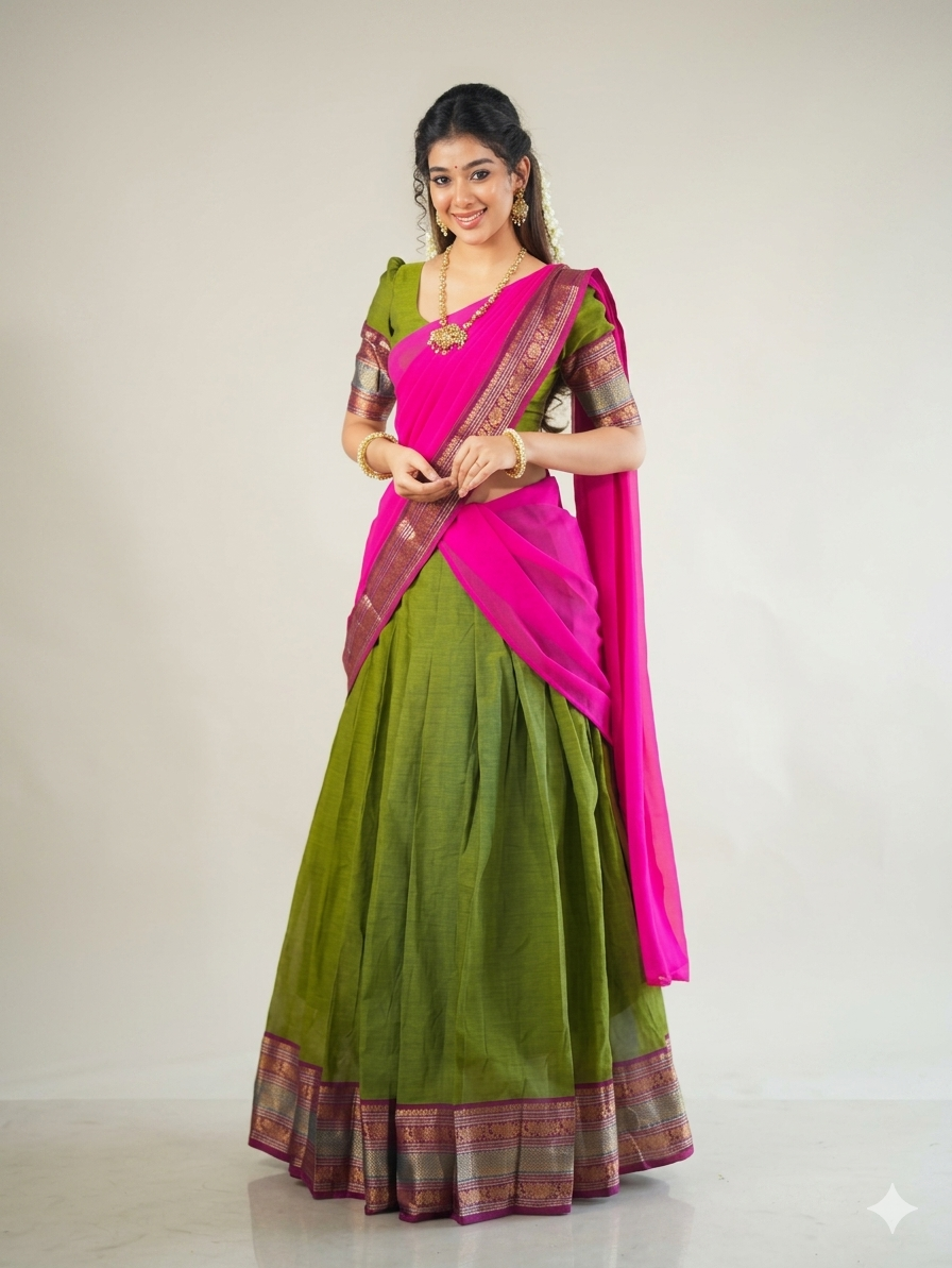 Ethnic Olive Green Silk Lehenga Choli Set with Pink Dupatta and Multicolored Zari Border