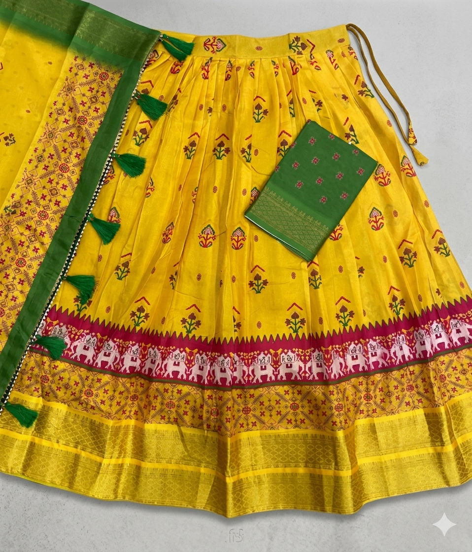 Vibrant Yellow and Green Traditional Kalamkari Print Lehenga Choli Set