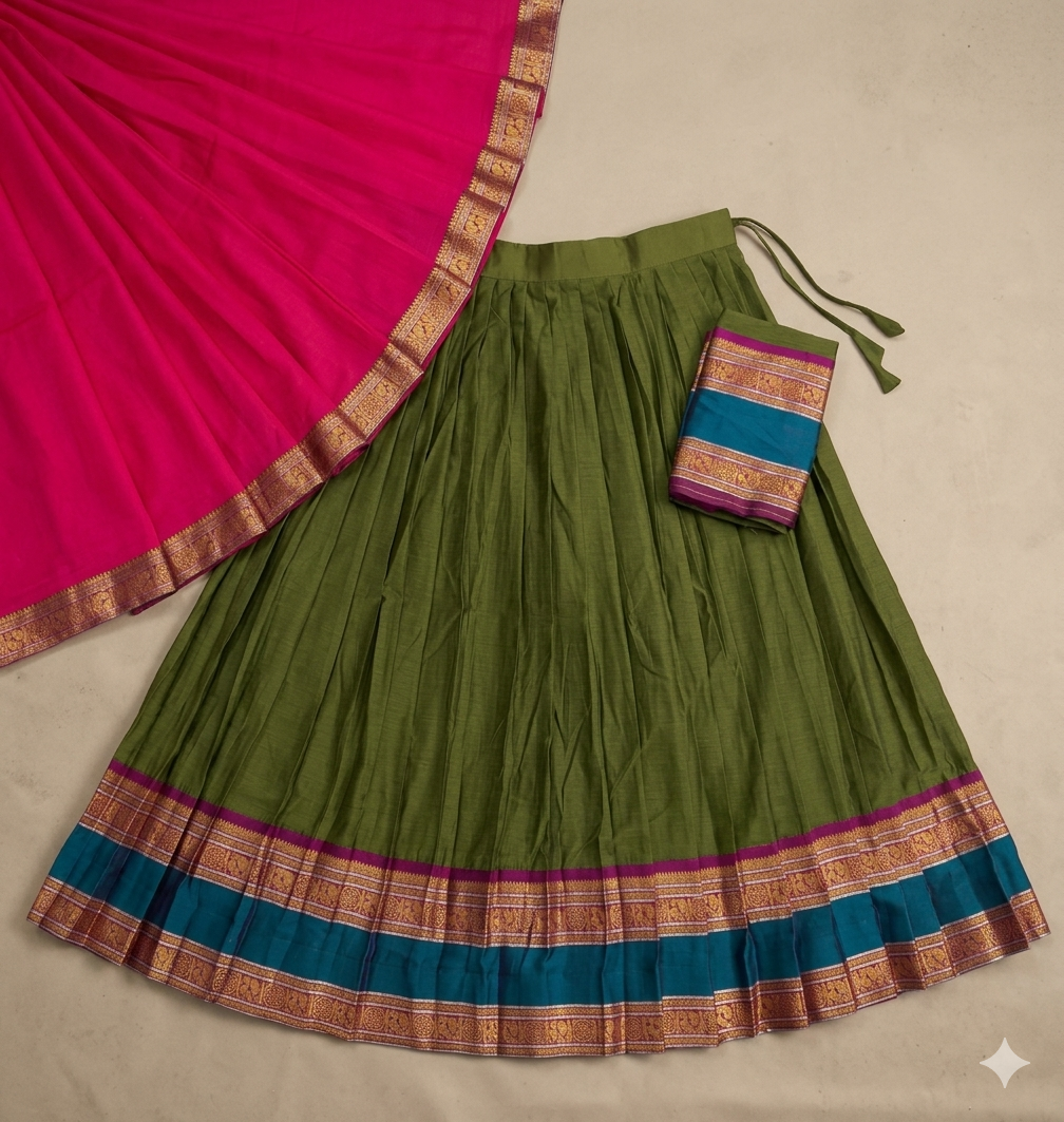 Ethnic Olive Green Silk Lehenga Choli Set with Pink Dupatta and Multicolored Zari Border