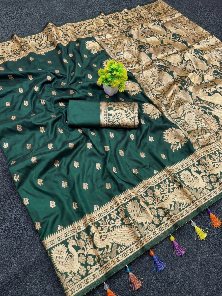 Emerald Green Banarasi Silk Saree with Traditional Gold Zari Border